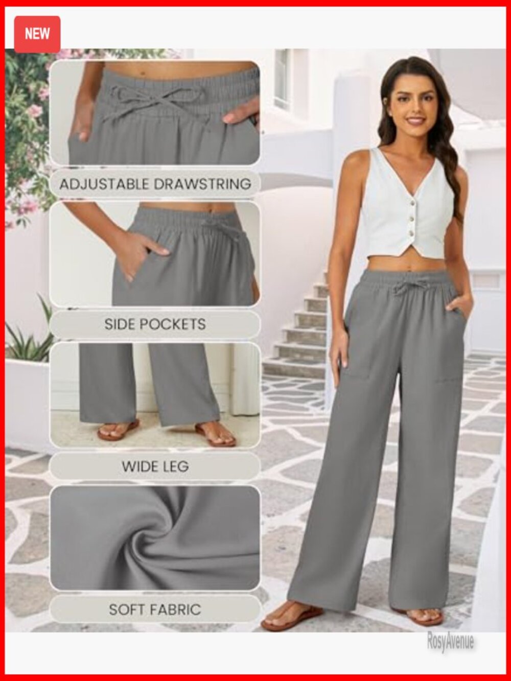 Palazzo Pants Casual Drawstring Flowy Wide Leg Summer Beach Linen Trousers with - Picture 5 of 7